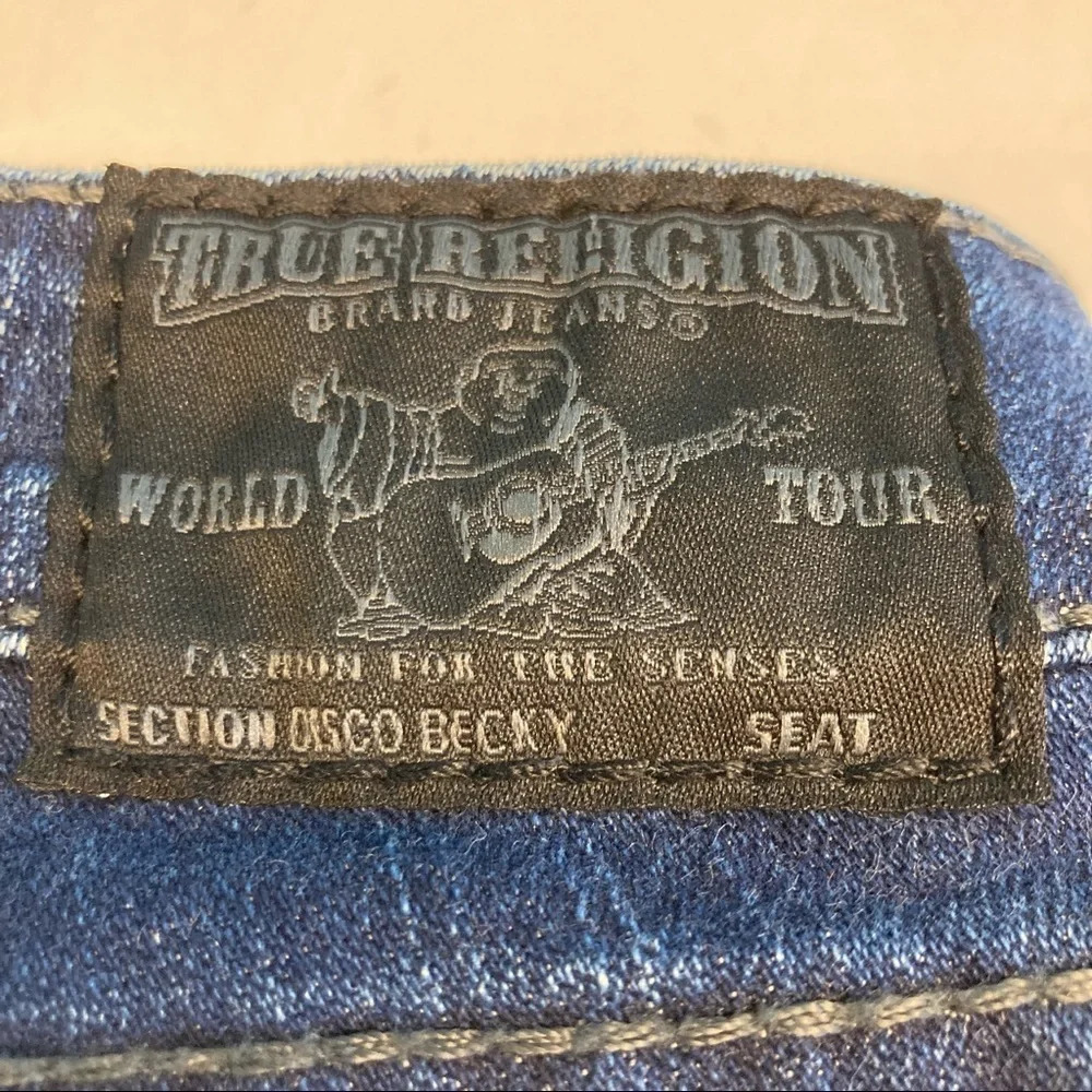 TRUE  RELIGION Sz 27 Disco Becky Big T Swarovski Crystal Distressed Jeans - Picture 14 of 14